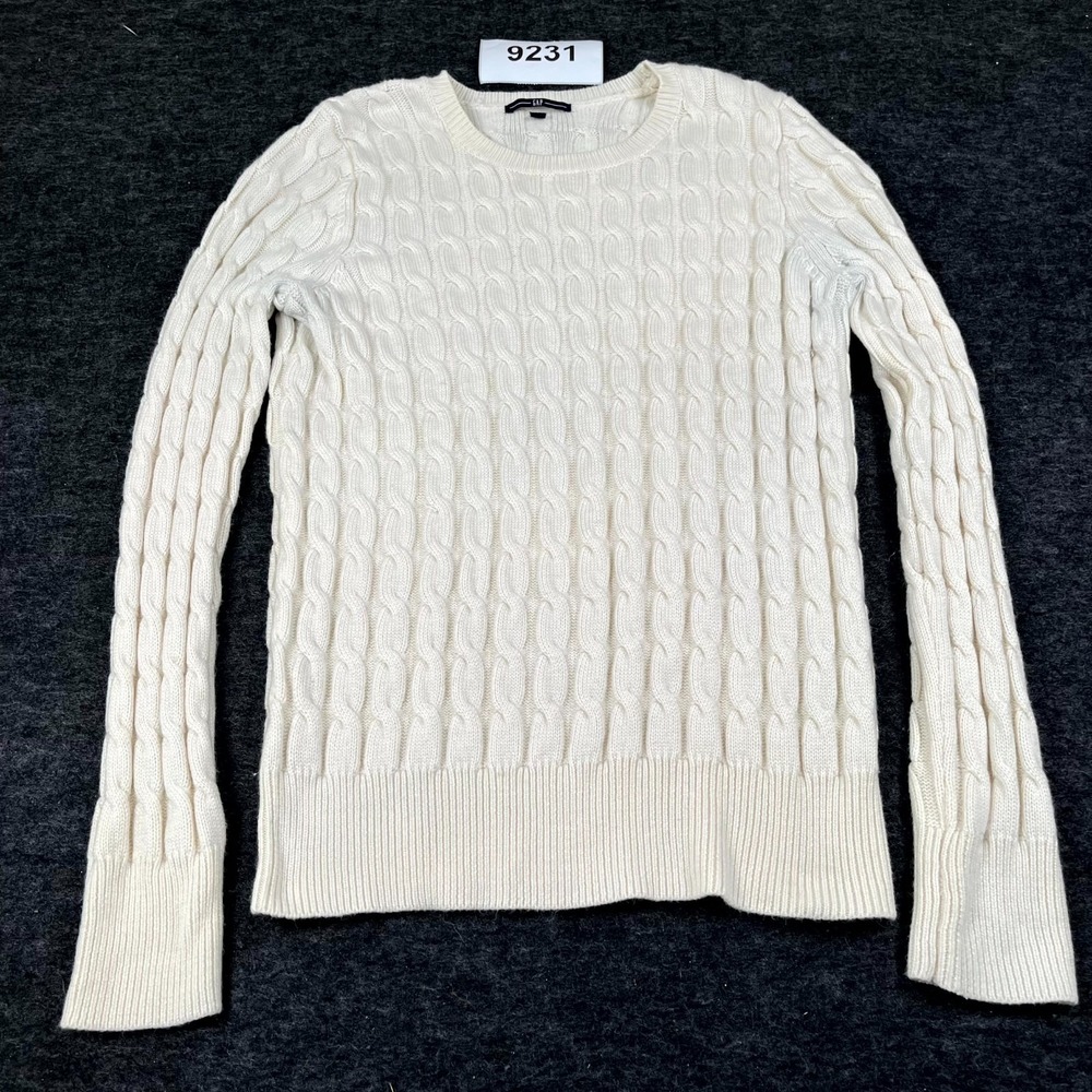 GAP Sweater Womens Large Cream Cable Knit Acrylic Textured Vertical‎ Crew Neck